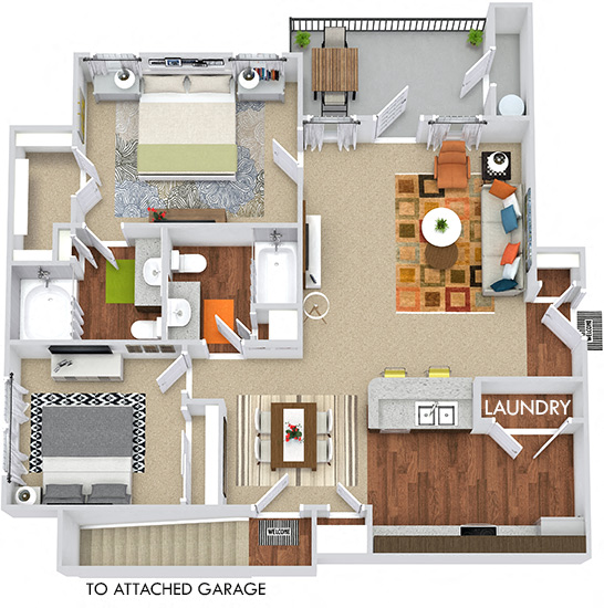 Floor plan for 2 beds, 2 baths, 1050 sqft